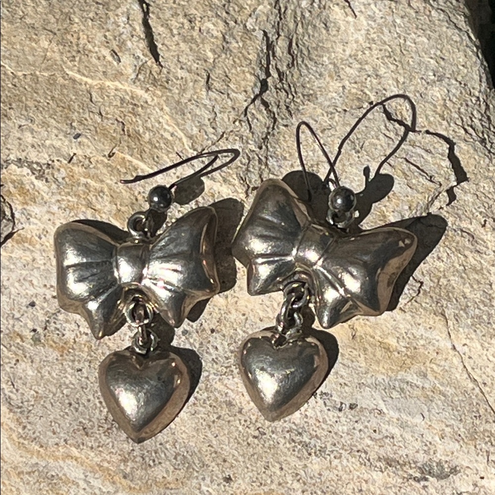 Vintage 80'sTaxco Mexico Heart Bow Dangle 925 Silver Earrings-Large